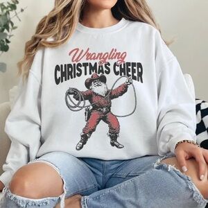 Wrangling Christmas Cheer Graphic Unisex XLarge Crewneck Sweatshirt Roping Claus